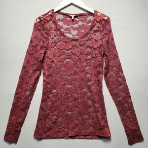 BKE‎ Sheer Lace Top Womens M Red Long Sleeve Fitted Y2K Grunge Indie Sleaze Goth